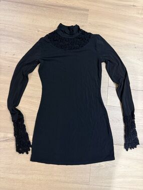 Women's Black Long Sleeve Lace Trim Mock Neck tunic (or short dress)